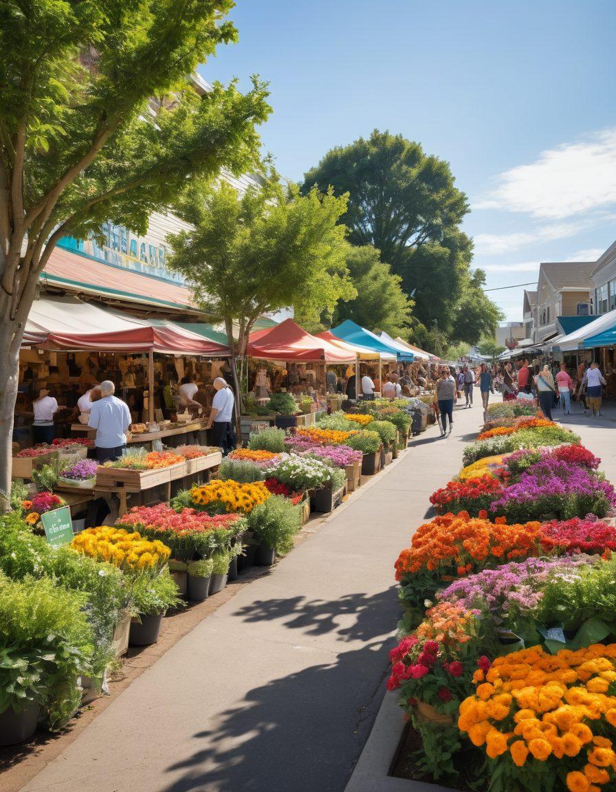 A vibrant neighborhood scene showcasing diverse community members engaging in various local activities, such as a farmers market, art display, and a community garden. Include signage promoting local business, a mural of unity, and smiling faces connecting with nature and each other. Add lush greenery and colorful flowers to create a warm atmosphere that embodies empowerment and support. warm colors. painting.