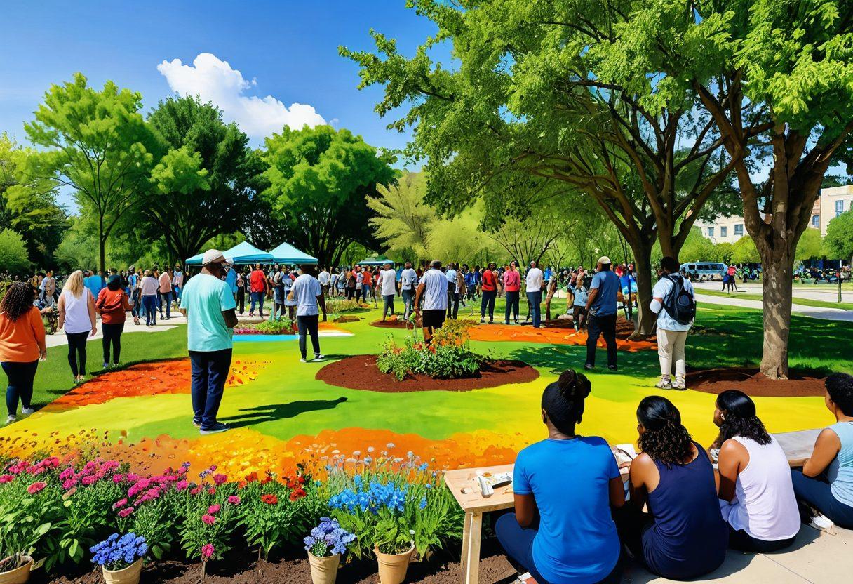 A diverse group of individuals gathered in a vibrant community park, engaging in various activities like planting trees, painting a mural, and sharing food. The scene radiates positivity and collaboration, showcasing people of different ages and backgrounds working together. Bright colors dominate the landscape, symbolizing hope and unity. A clear sky adds to the cheerful atmosphere. watercolor style. vibrant colors. natural setting.