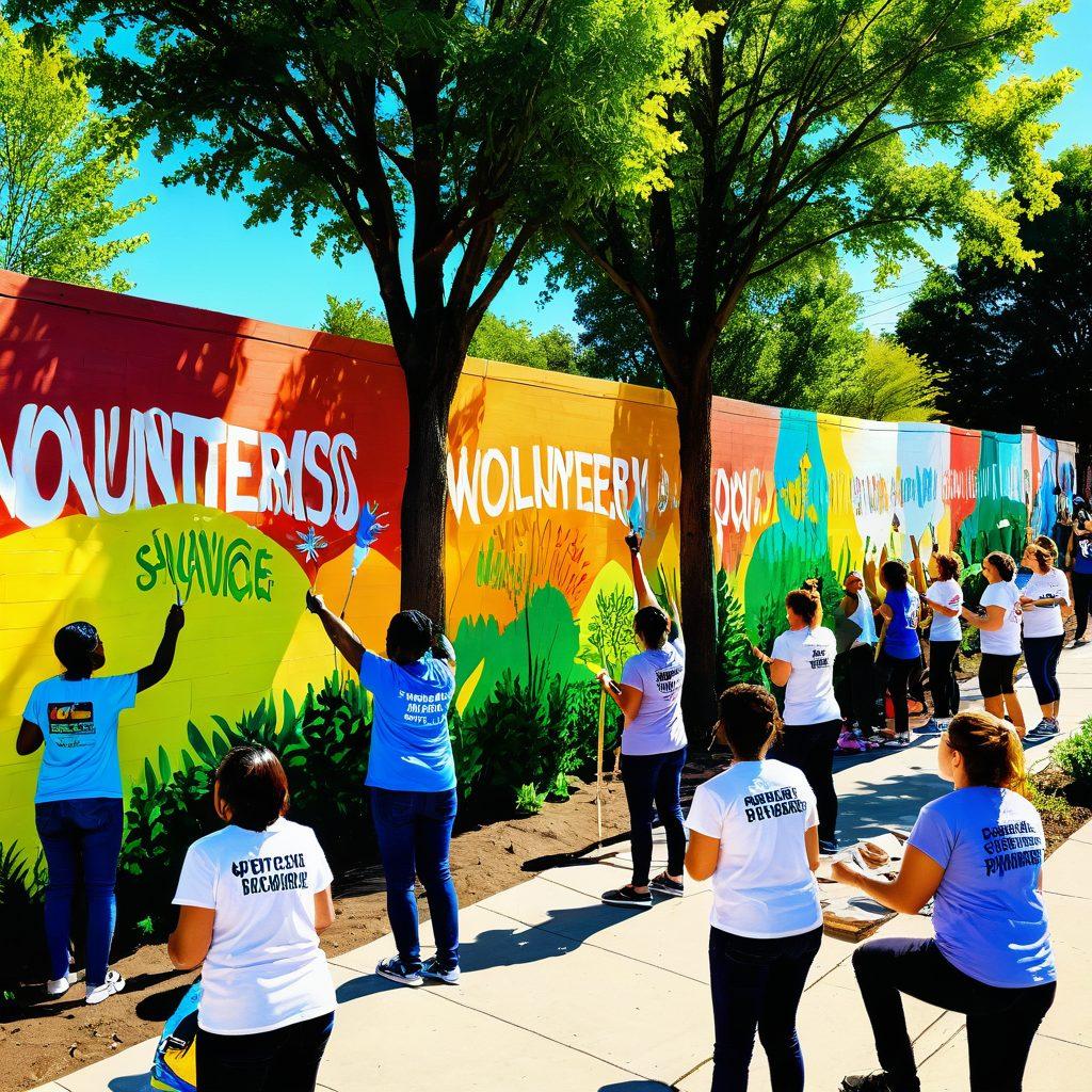 A vibrant scene depicting a diverse group of people engaging in community service activities, with volunteers painting a mural, planting trees, and discussing ideas. In the background, a clear roadmap with signs of 'Volunteerism' and 'Advocacy' showcasing the journey from helping hands to active engagement. Warm sunlight filtering through the trees, creating an inviting atmosphere. super-realistic. vibrant colors. outdoor setting.